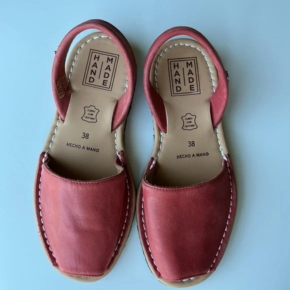 HANDMADE Avarcas peep toe red leather sandals sz 7.5 nwot - Picture 5 of 7